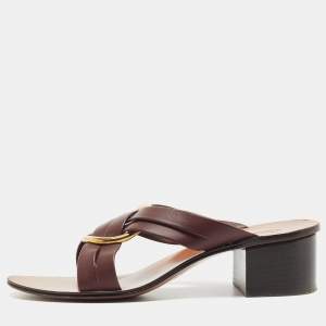 Chloe Burgundy Leather Rony Slide Sandals Size 39