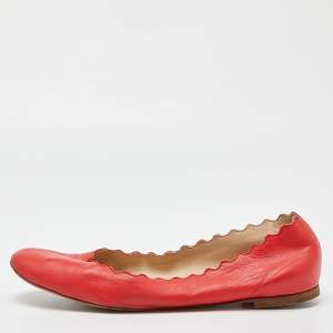 Pre Owned Chloé Red Leather Lauren Scalloped Ballet Flats Size 38