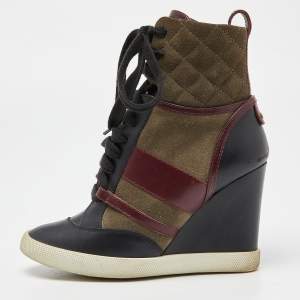 Pre Owned Chloe Tricolor Leather and Quilted Suede Wedge Sneaker Boots Size 37