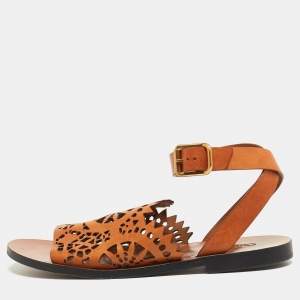 Chloe Brown Leather Laser Cut Ankle Strap Sandals Size 40