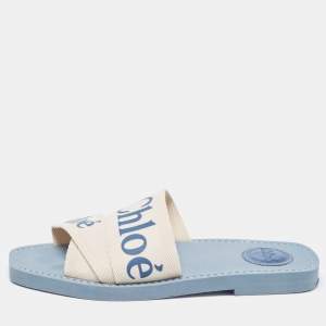 Pre Owned Chloe White/Blue Logo Canvas Woody Slides Size 37