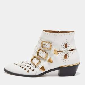 Chloe White Leather Cutout Studded Susanna Boots Size 40