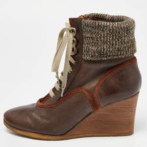Pre Owned Chloe Brown Leather and Knit Fabric Wedge Ankle Boots Size 39