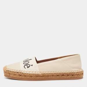 Chloe Cream Leather and Logo Canvas Woody Espadrille Flats Size 37