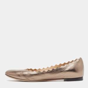 Pre Owned Chloé Metallic Scalloped Leather Lauren Ballet Flats Size 35.5