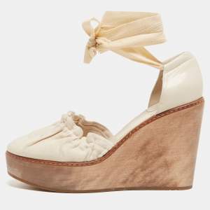 Chloe Cream Leather and Canvas Wedge Platform Ankle Tie Pumps Size 41
