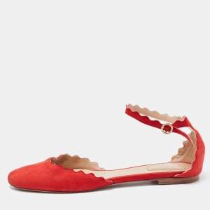 Chloe Red Scalloped Suede Lauren Ankle Strap Flats Size 38.5