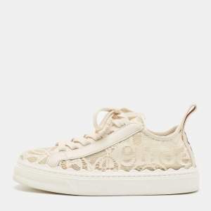 Chloe Light Cream Lace and Leather Lauren Low Top Sneakers Size 36