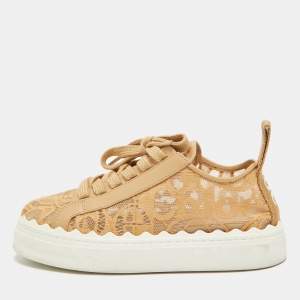 Pre Owned Chloe Beige Mesh and Leather Lauren Lace Up Sneakers Size 36