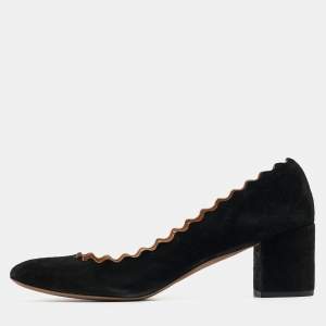  Chloe Black Suede Laurena Scalloped Block Heel Pumps Size 38