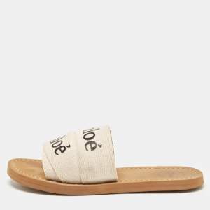 Chloe White/Beige Canvas Woody Slide Flats Size 36