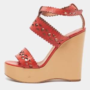 Chloé Red Laser Cut Leather Wedge Platform Ankle Strap Sandals Size 37.5