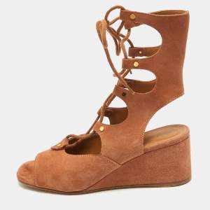 Chloe Brown Suede Caged Tie Up Ghillie Wedge Sandals Size 39