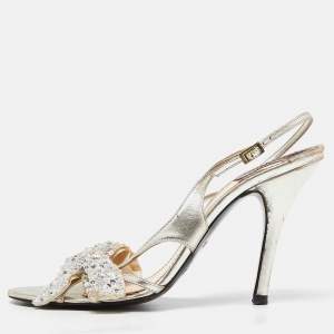 Chloe Silver Leather Crystal Embellished Bow Detail Ankle Strap Sandals Size 37.5