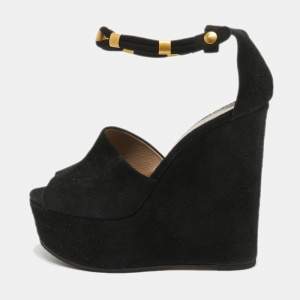 Chloe Black Suede Platform Wedge Ankle Strap Sandals Size 39