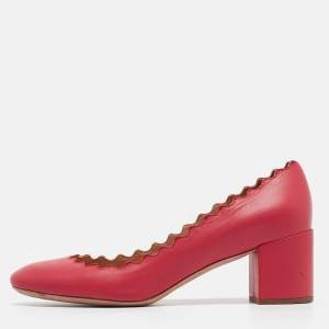 Chloe Pink Leather Scalloped Block Heel Pumps Size 36