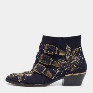 Chloe Blue Suede Western Studded Buckle Detail Ankle Boots Size 37