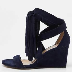 Chloe Navy Blue Suede Cross Strap Fringe Detail Wedge Sandals Size 36
