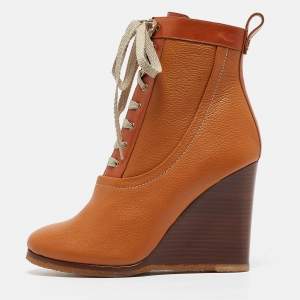 Chloe Brown Leather Wedge Ankle Booties Size 37.5