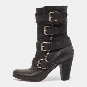 Chloe Black Leather Buckle Detail Block Heel Ankle Boots Size 38.5