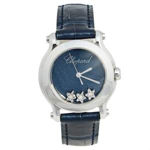 Chopard Blue Diamond Stainless Steel Alligator Happy Sport 27/8509-3049 Women's Wristwatch 30 mm