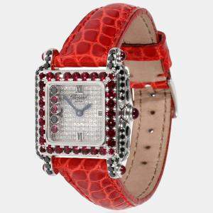 Chopard Silver Diamonds Sapphire 18K White Gold Happy Sport 27/6852-421 Women's Wristwatch 23 mm