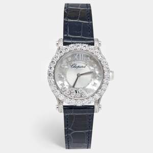 Chopard Mother Of Pearl 18K White Gold Diamond Alligator Leather Happy Sport 274809-1001 Women's Wristwatch 36 mm