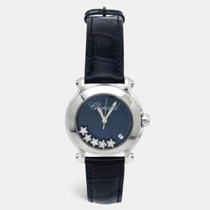 Chopard Blue Stainless Steel Diamonds Alligator Happy Sport 150th Anniversary Limited Edition 27/8475-3020 Women's Wristwatch 36 mm