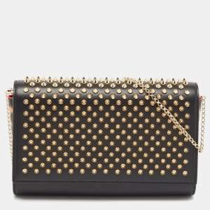 Christian Louboutin Black Leopard Print Patent and Leather Paloma Spiked Chain Clutch