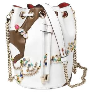 Christian Louboutin White Leather Jewel Embellished Marie Jane Drawstring Bucket Bag
