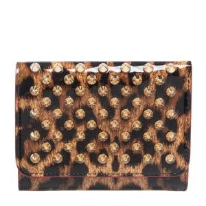 Christian Louboutin Brown Leopard Print Patent Leather Macaron Spike Wallet