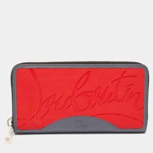 Christian Louboutin Grey/Red Leather and Rubber Panettone Zip Around Wallet