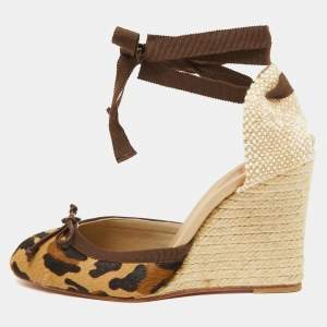 Christian Louboutin Brown Leopard Print Calf Hair Carino Espadrille Wedge Sandals Size 39