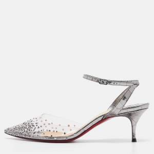 Pre Owned Christian Louboutin Metallic Grey Embossed Croc and PVC Spikaqueen Ankle Strap Pumps Size 37