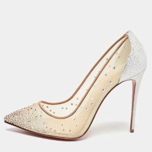 Christian Louboutin Silver/Beige Textured Suede and Crystal Embellished Mesh Follies Strass Pumps Size 39