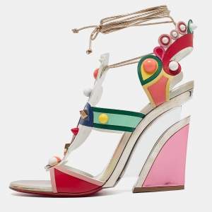 Christian Louboutin Multicolor Leather Papagaya Levita Wedge Ankle-Wrap Sandals Size 39