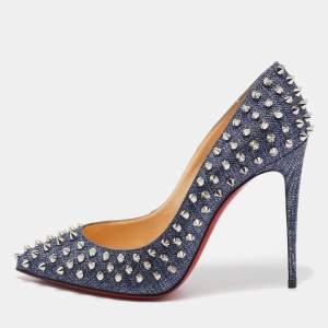 Christian Louboutin Blue Lurex Fabric Pigalle Follies Spikes Pumps Size 38