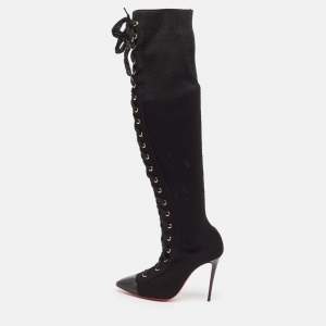 Christian Louboutin Black Knit Fabric Over The Knee Boots Size 38