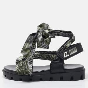 Christian Louboutin Green/Black Fabric and Leather Slingback Sandals Size 37