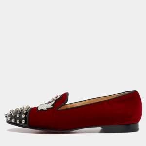 Christian Louboutin Red/Black Velvet and Patent Leather Spikes Intern Smoking Slippers Size 37.5