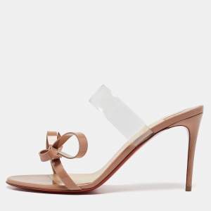 Christian Louboutin Beige Patent Leather and PVC Just Nodo Slide Sandals Size 38.5