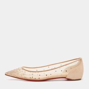 Christian Louboutin Metallic Beige Suede and Mesh Follies Strass Ballet Flats Size 36.5