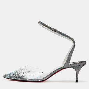 Christian Louboutin Transparent PVC Crystal Embellished Spikaqueen Ankle Strap Sandals Size 38.5