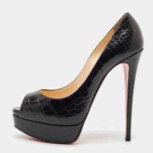 Christian Louboutin Black Alligator Lady Peep Toe Platform Pumps Size 38