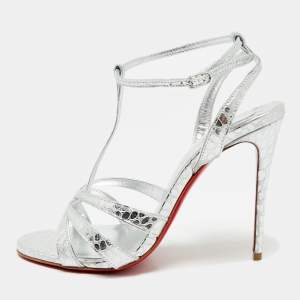 Christian Louboutin Silver Croc Embossed Leather Tangueva Ankle Strap Sandals Size 36