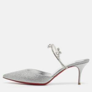 Pre Owned Christian Louboutin Silver Glitter Planet Queen Mules Size 39.5