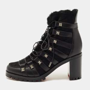 Pre Owned Christian Louboutin Black Suede and Leather Chaletta Ankle Boots Size 37