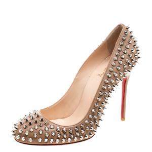 Pre Owned Christian Louboutin Beige Leather Fifi Spike Pumps Size 37.5