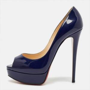 مملوكة مسبقًا Christian Louboutin Lady Peep Size 39 Navy Blue Patent Leather Platform Pumps