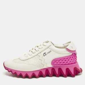Pre Owned Christian Louboutin Loubishark Size 40 White/Pink Leather Lace Up Sneakers